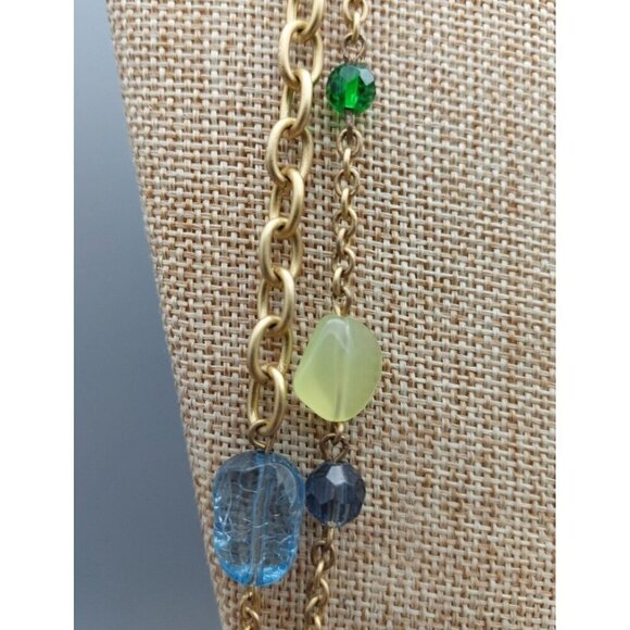 Lia Sophia Long Double Strand Beaded Necklace Brushed Gold Tone Green Blue 40" - Picture 5 of 11